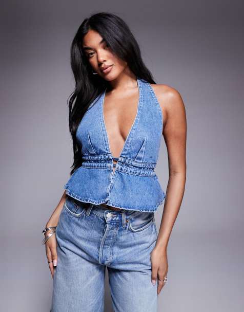 Princess Polly Sequoia denim halterneck open-tie back peplum top in mid-blue wash - view 1