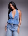 [Princess Polly] Princess Polly Sequoia denim halterneck open-tie back peplum top in mid-blue wash 10 Mid Blue Wash