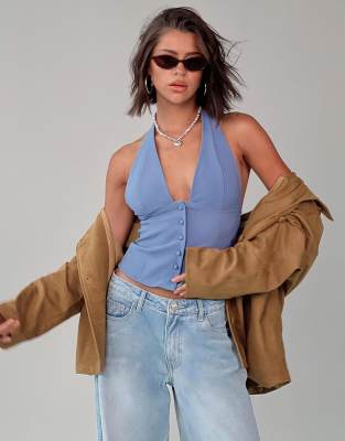 Princess Polly - Serefina - Top boutonné habillé à dos nu - Bleu