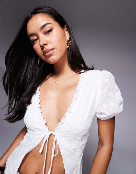 Princess Polly Sez embroidered lace trim puff sleeve tie split front top in white - view 1