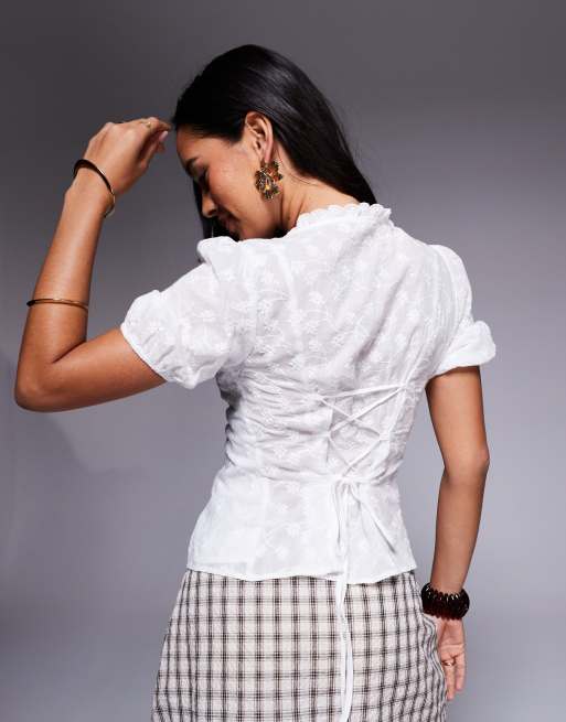 Princess Polly Sez embroidered lace trim puff sleeve tie split front top in white, 3 of 4