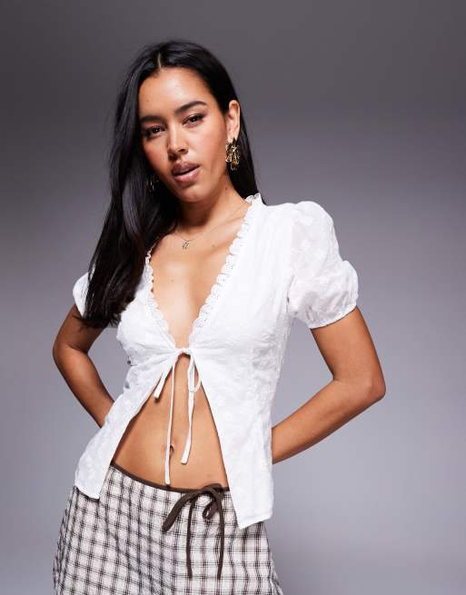 Princess Polly Sez embroidered lace trim puff sleeve tie split front top in white, 4 of 4