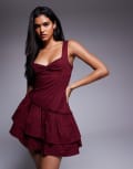 [Princess Polly] Princess Polly Shantelle asymmetric ruffle hem playsuit in burgundy-Red 14 BURGUNDY