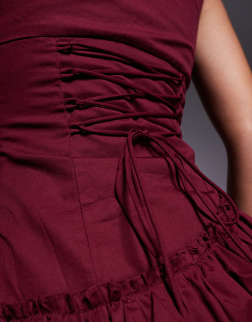 Princess Polly Shantelle asymmetric ruffle hem playsuit in burgundy, 2 of 4