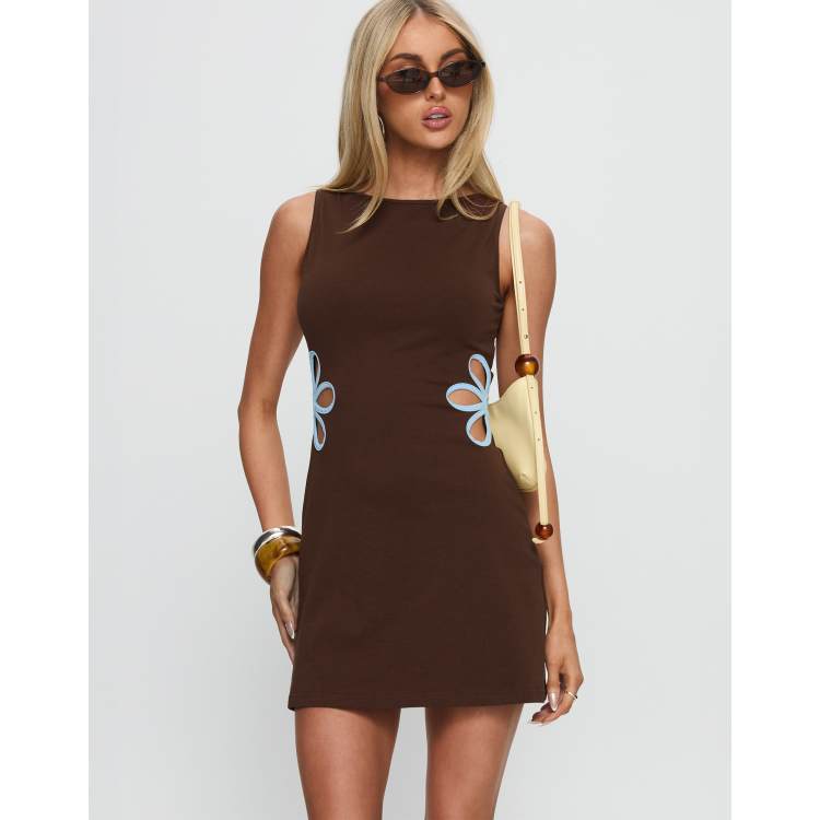 princess polly brown floral dress Shelbi cotton rich sleeveless contrast flower cutout waist detailing mini in chocolate gathered ruched bust