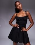 [Princess Polly] Princess Polly shirred cami strap mini skater dress in black 8 BLACK