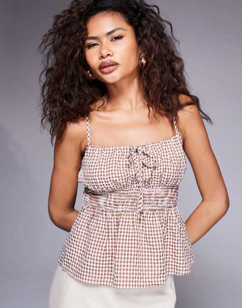 Princess Polly shirred tie front cami peplum top in brown gingham - view 1