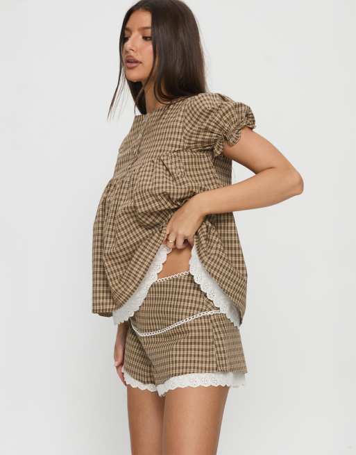 Princess Polly - Short d'ensemble à carreaux et bordures dentelle - Marron, 4 de 4