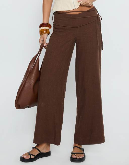 Princess Polly Silver Moon linen blend side tie wide leg pants in brown, 2 of 4