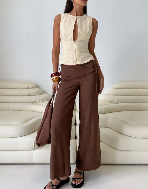 Princess Polly Silver Moon linen blend side tie wide leg pants in brown, 3 of 4