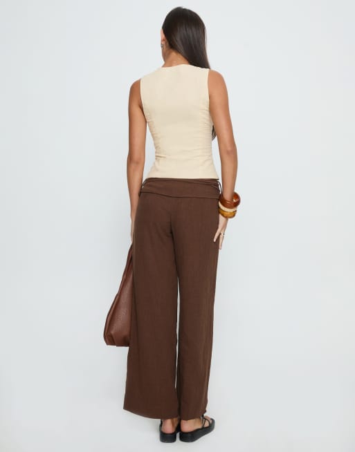 Princess Polly Silver Moon linen blend tie side wide leg trousers in brown, 4 of 4