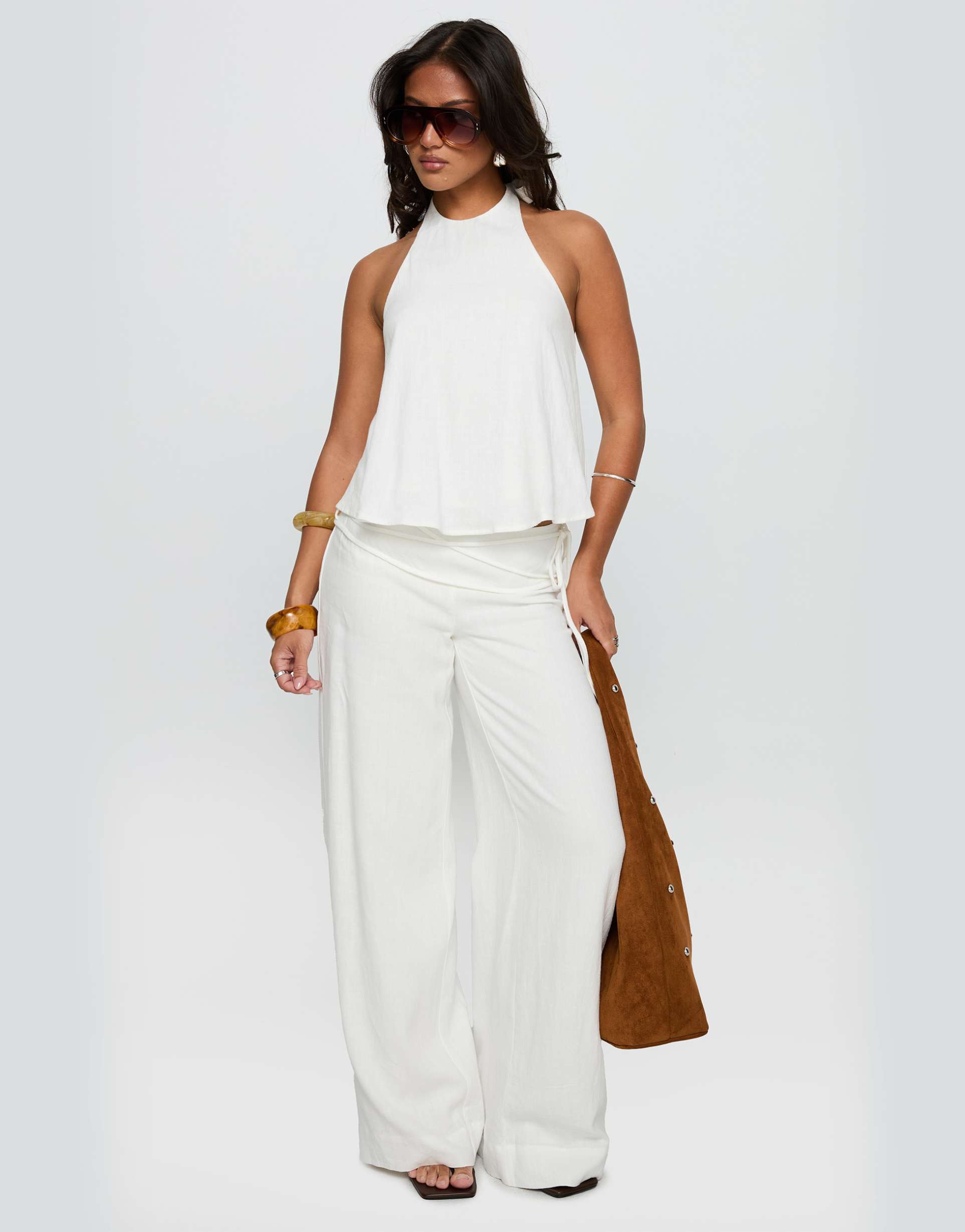princess polly silver moon linen blend tie waist detail wide leg pants in white