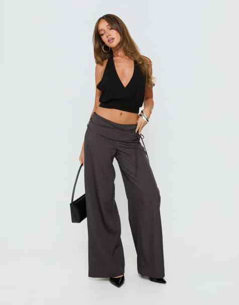 Princess Polly Silver Moon tie waist detail wide leg trousers in charcoal and red pinstripe - view 1