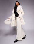 [Princess Polly] Princess Polly Simmer Lane suedette faux-fur trim belted longline penny lane coat in cream-White 10 CREAM