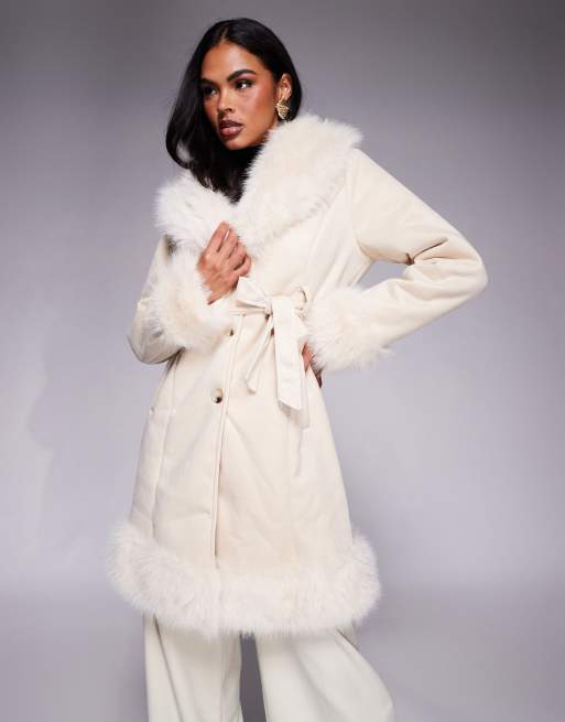 Princess Polly Simmer Lane suedette faux fur trim belted longline penny lane coat in cream
