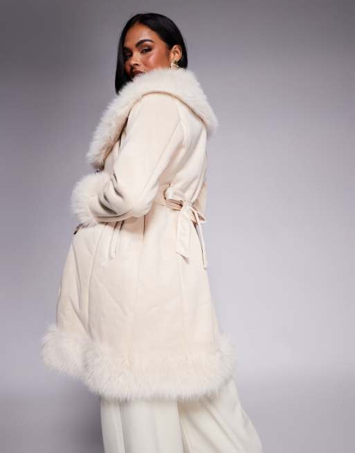 Princess Polly Simmer Lane suedette faux fur trim belted longline penny lane coat in cream