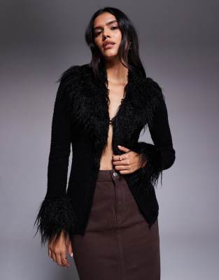 Princess Polly Sistine Shaggy Faux Fur Trim Split Front Cardigan In Black