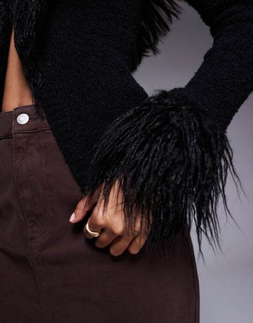 Princess Polly Sistine shaggy faux fur trim split front cardigan in black