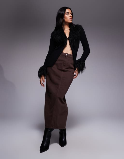 Princess Polly Sistine shaggy faux fur trim split front cardigan in black