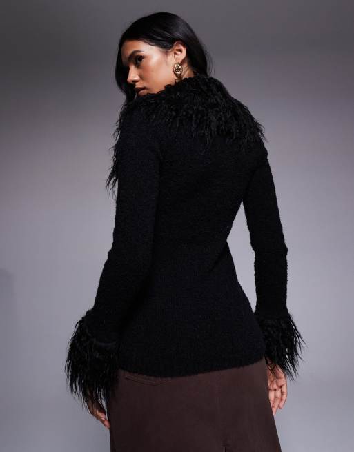 Princess Polly Sistine shaggy faux fur trim split front cardigan in black