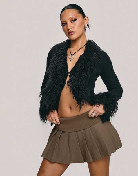 Princess Polly Sistine shaggy faux fur trim split front cardigan in black - view 1
