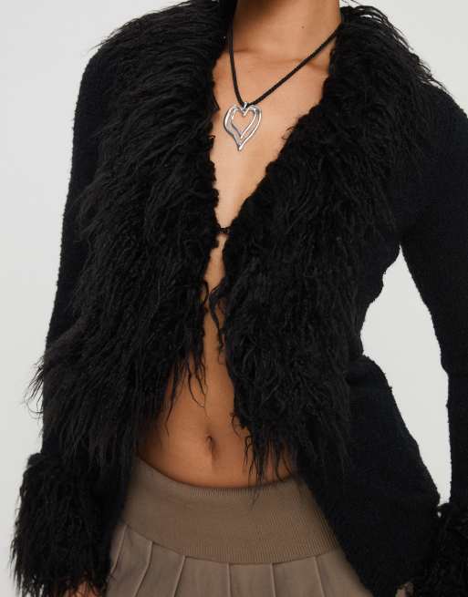 Princess Polly Sistine shaggy faux fur trim split front cardigan in ...
