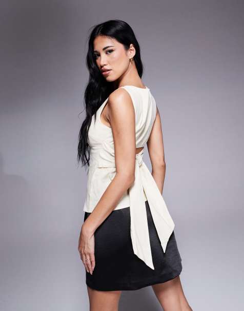 Princess Polly sleeveless open back tie detail top in cream - view 1