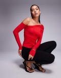 [Princess Polly] Princess Polly slinky asymmetric off-shoulder long sleeve top in red 16 RED