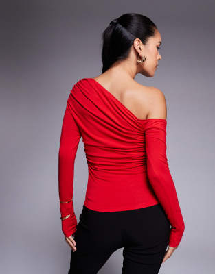 Princess Polly Slinky Asymmetric Off Shoulder Long Sleeve Top In Red
