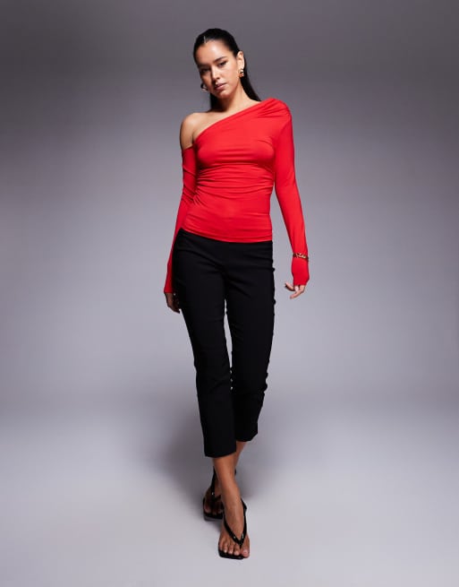 Princess Polly slinky asymmetric off shoulder long sleeve top in red, 3 of 4