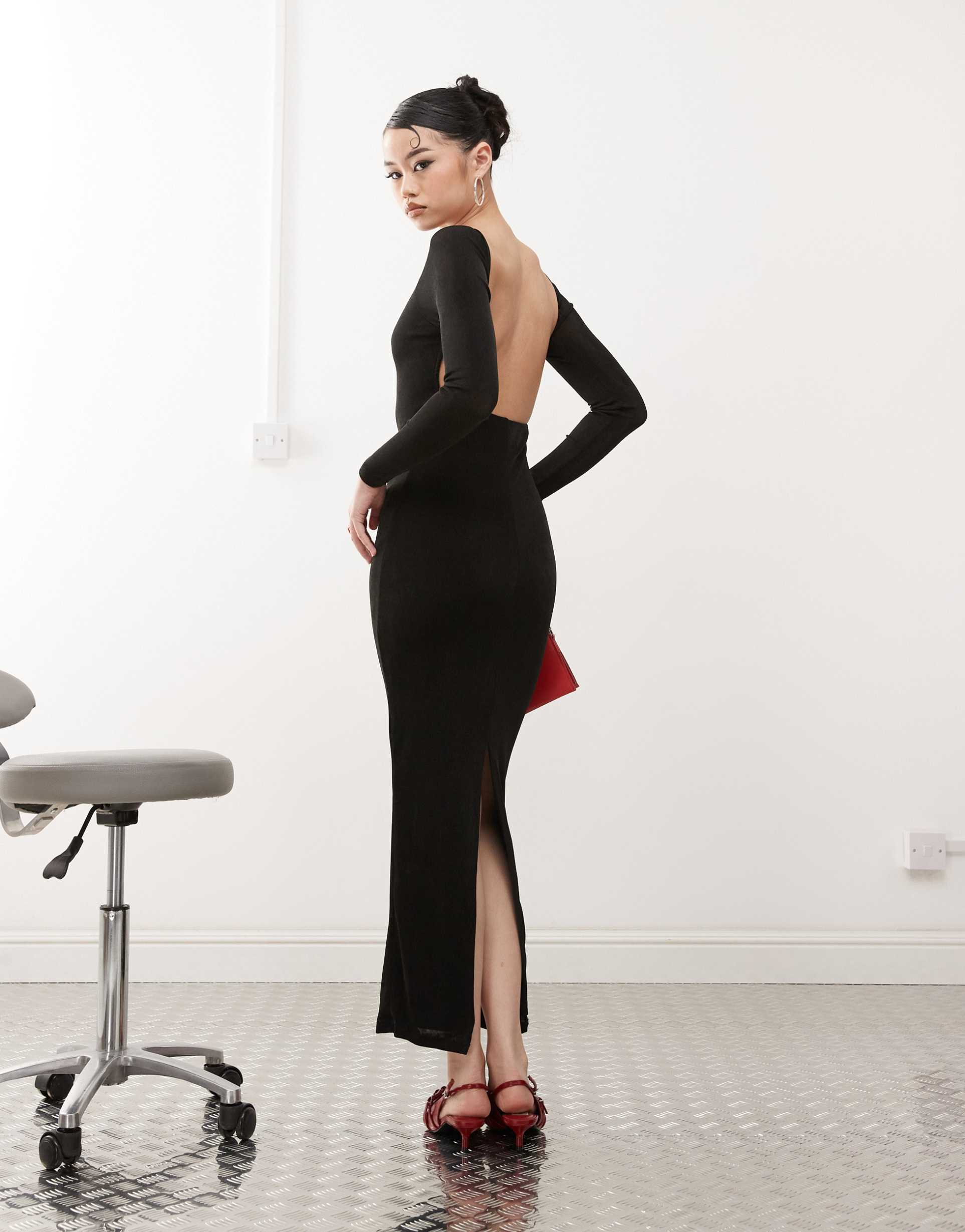 princess polly slinky boatneck long sleeve backless maxi dress in black