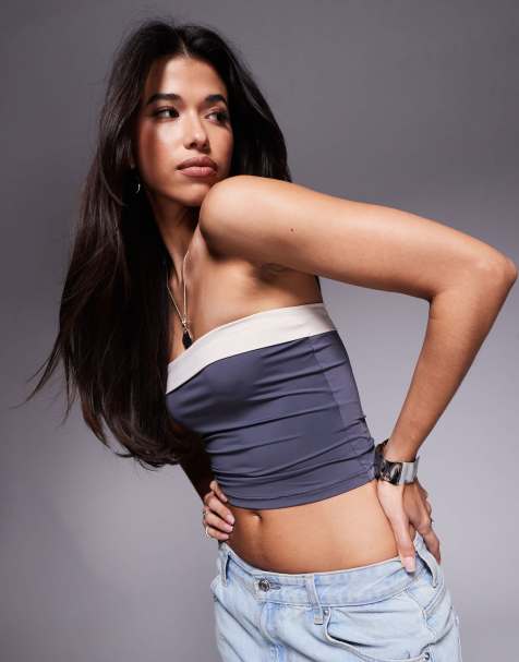 Princess Polly slinky contrast edge bandeau top in slate grey - view 1