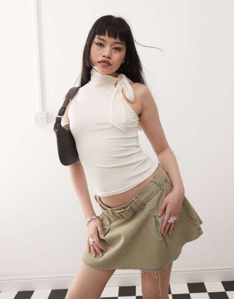 Princess Polly slinky halterneck tie neck top in cream - view 1