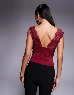 Princess Polly Slinky Lace Trim Deep V Neck Sleeveless Top In Red