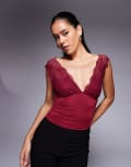 [Princess Polly] Princess Polly slinky lace trim deep-v sleeveless top in burgundy-Red 14 BURGUNDY
