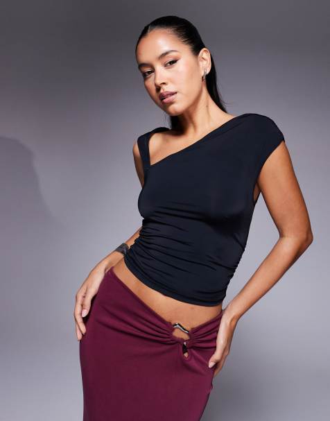 Princess Polly slinky slash neck detail top in black - view 1