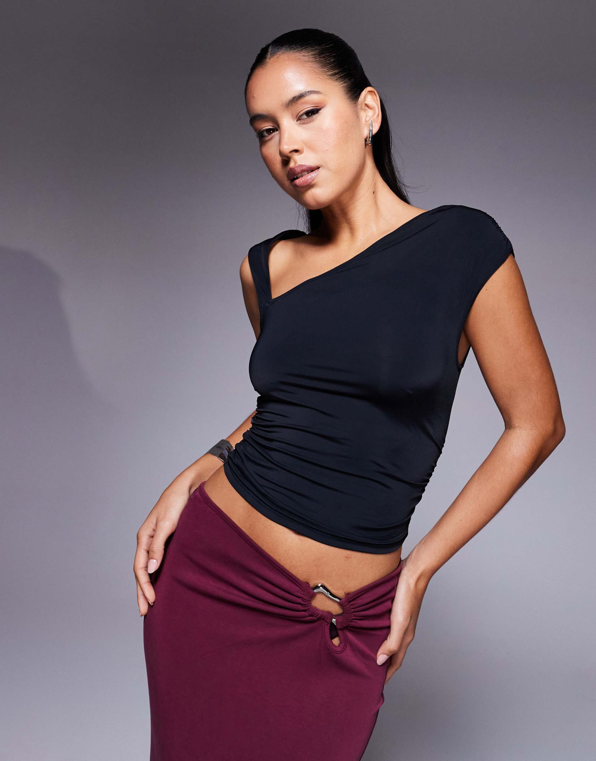 princess polly slinky slash neck detail top in black