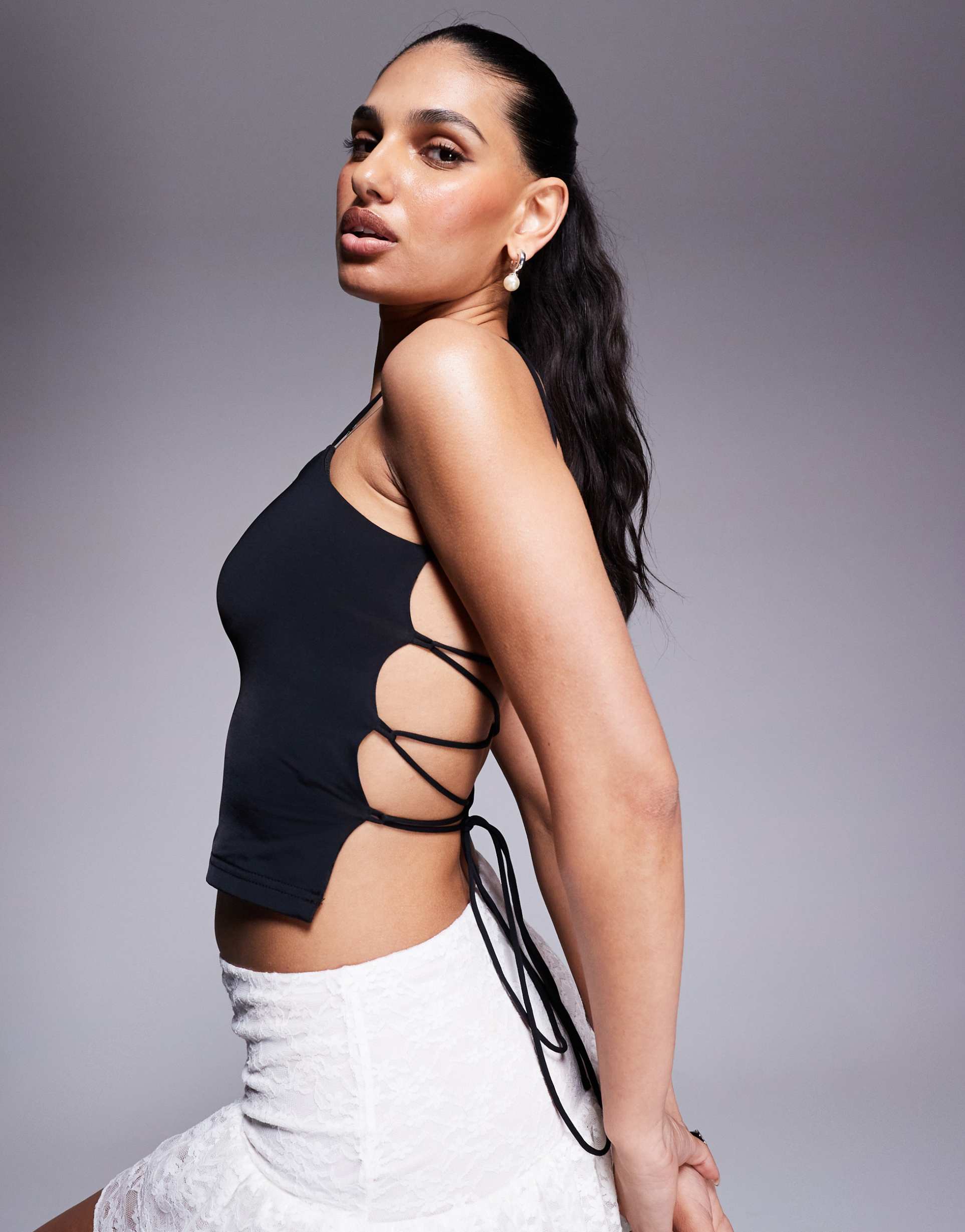 princess polly slinky square neck lace up open back cami top in black