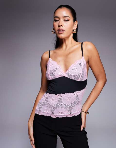 Princess Polly slinky square neck pink lace contrast lace top in black - view 1