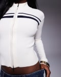 [Princess Polly] Princess Polly Slow It Down stripe detail ribbed high neck zip up top in white 14 WHITE
