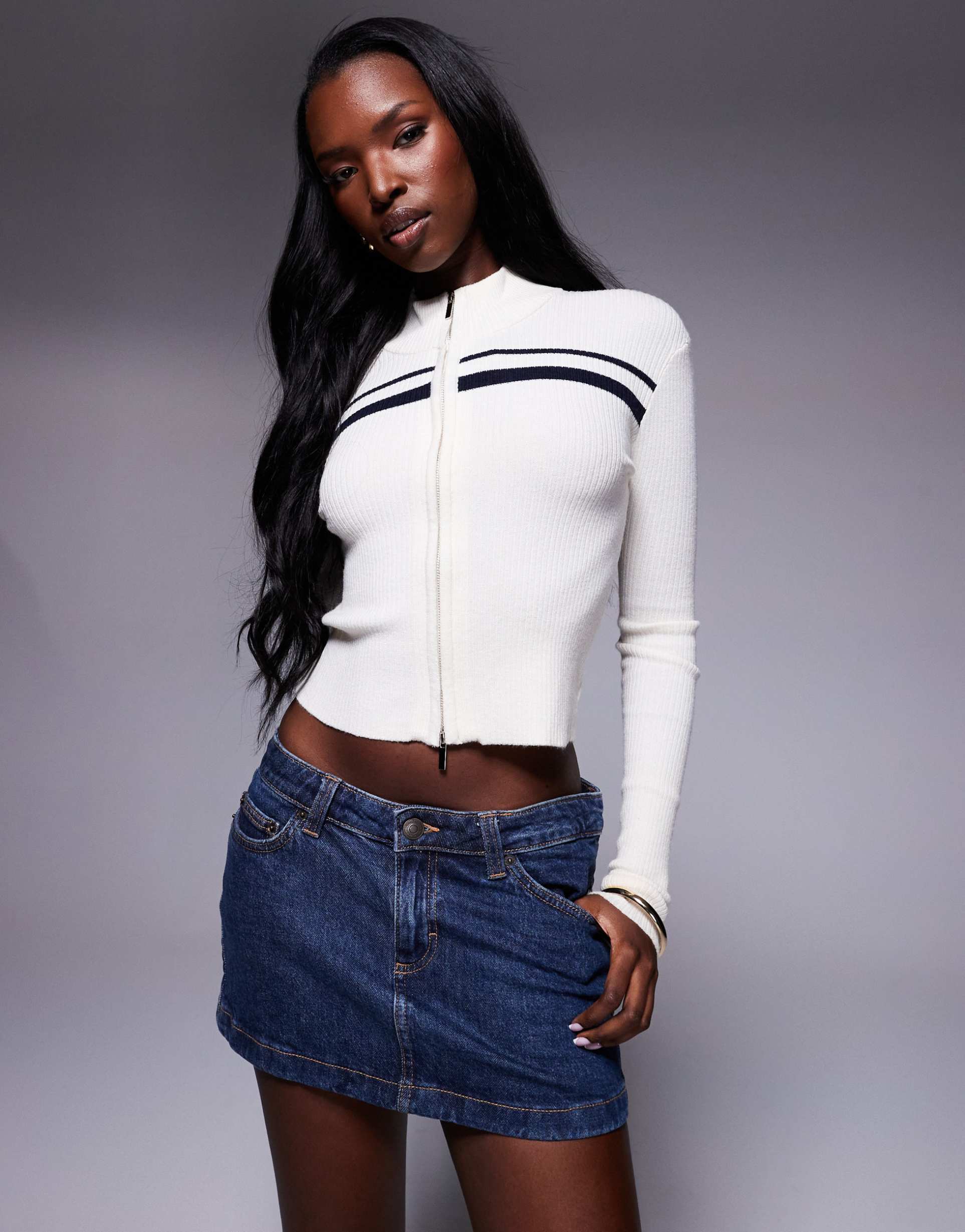 princess polly slow it down stripe detail ribbed high neck zip up top in white