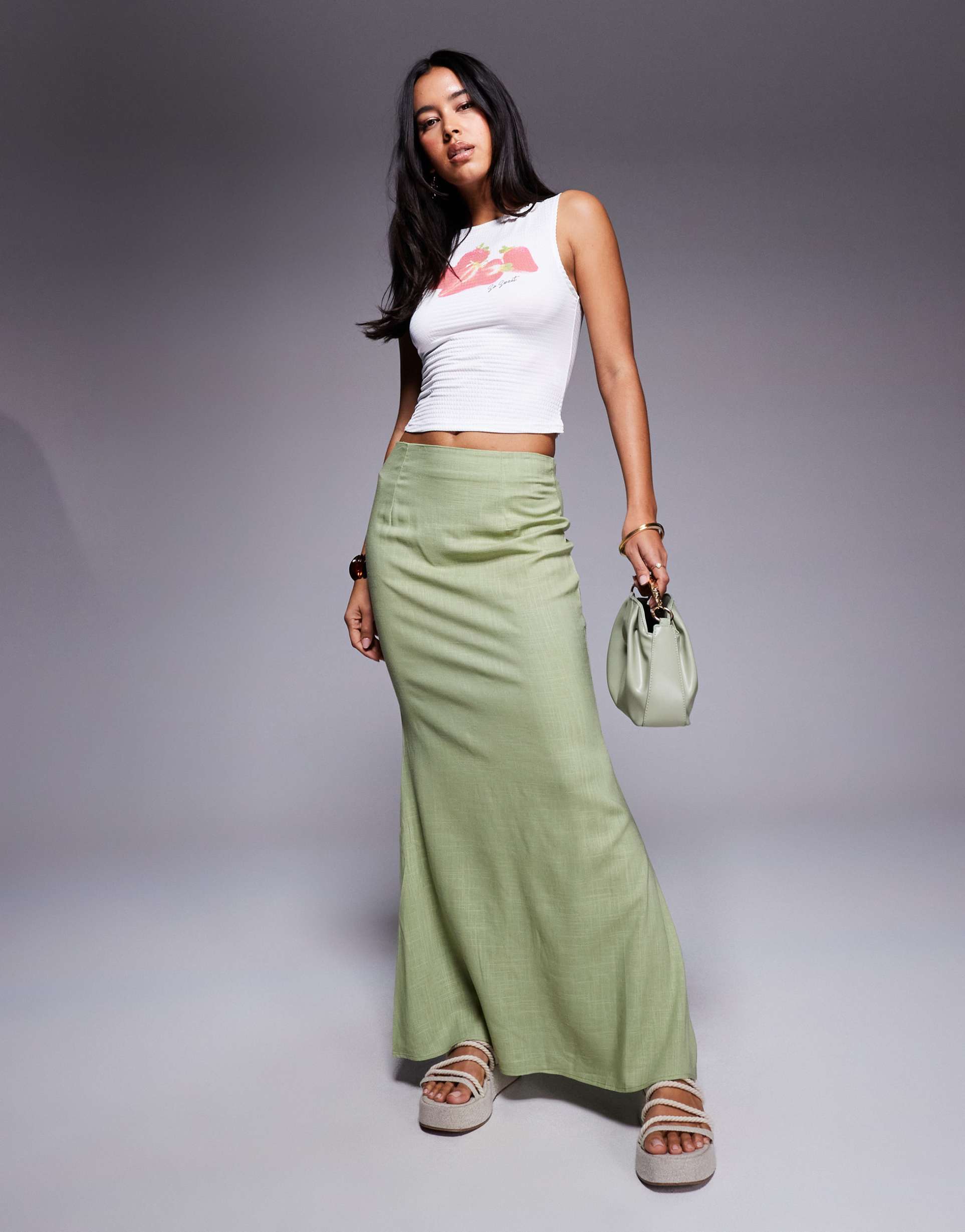 princess polly sophia linen blend column maxi skirt in sage green
