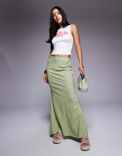 Princess Polly Sophia linen blend column maxi skirt in sage green 