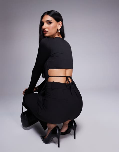 Princess Polly - Sort stram langærmet top med åben ryg med bindebånd og dobbeltlag - view 1