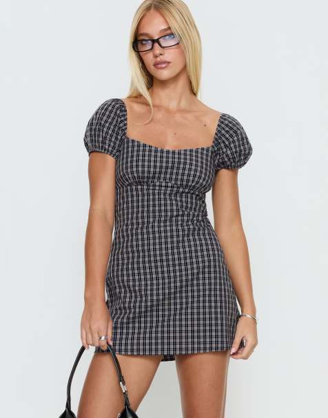 Princess Polly Sorynna cotton puff sleeve square neck built-in shorts mini dress in navy check - view 1