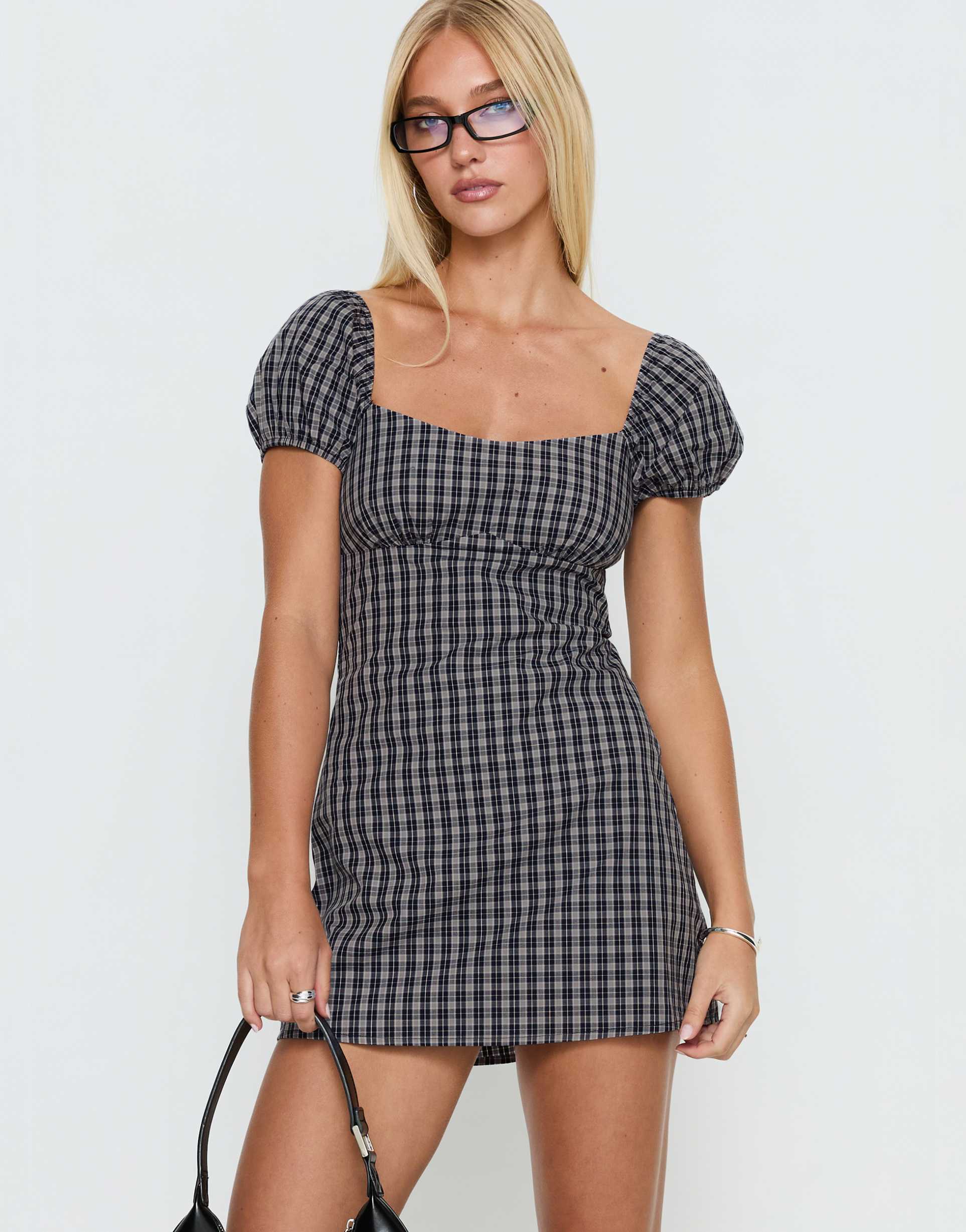 princess polly sorynna cotton puff sleeve square neck built in shorts mini dress in navy plaid