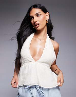 Princess Polly Sosna embroidered plunge peplum open tie back top in beige
