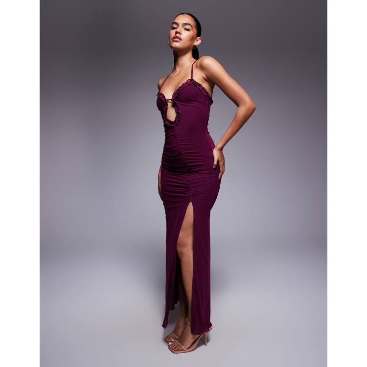 Princess Polly Soulina mesh ruffle edge plunge side slit maxi dress in  purple | ASOS