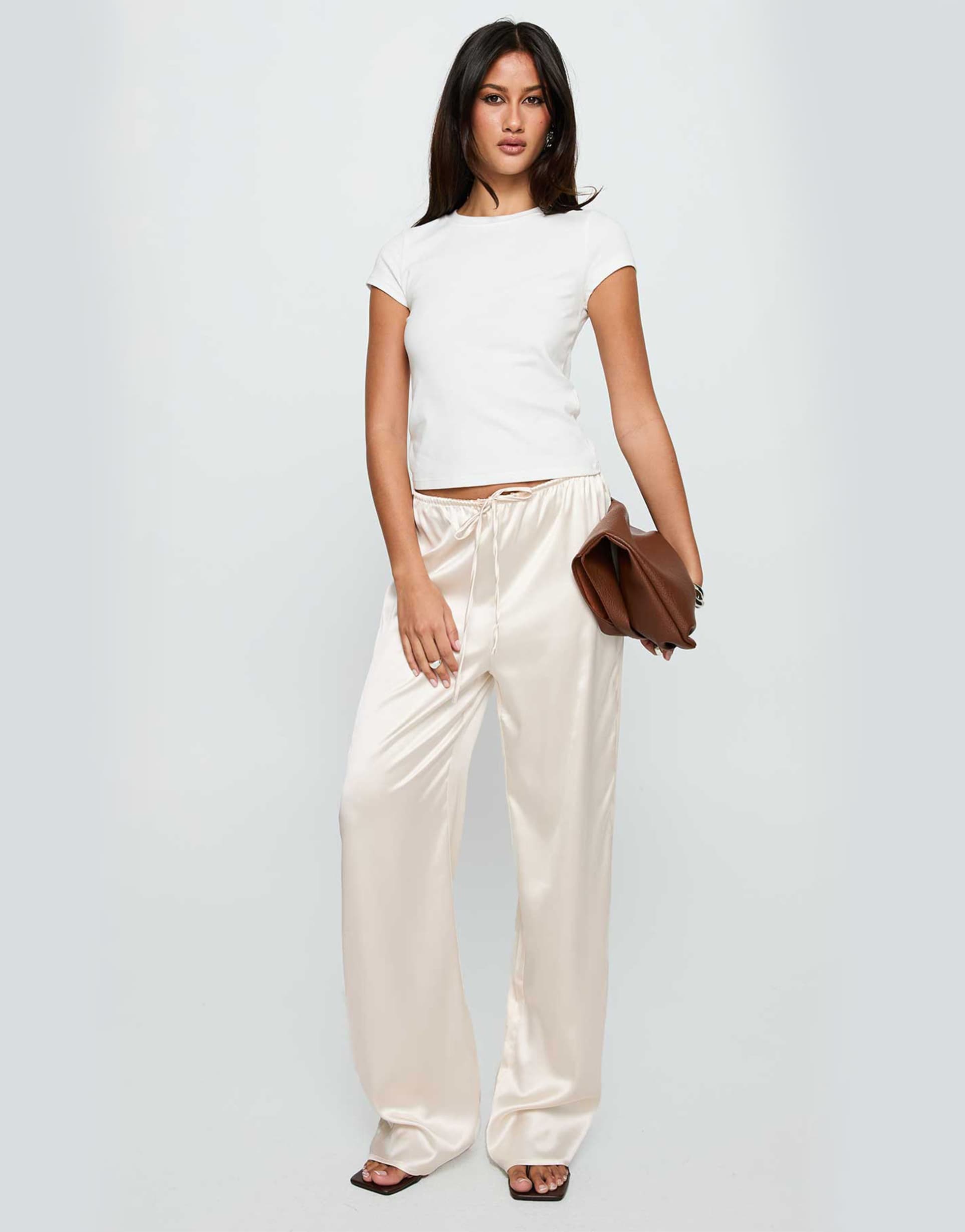 princess polly soulstar satin drawstring waist wide leg pants in cream