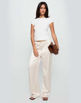 Princess Polly Soulstar satin drawstring waist wide leg trousers in cream